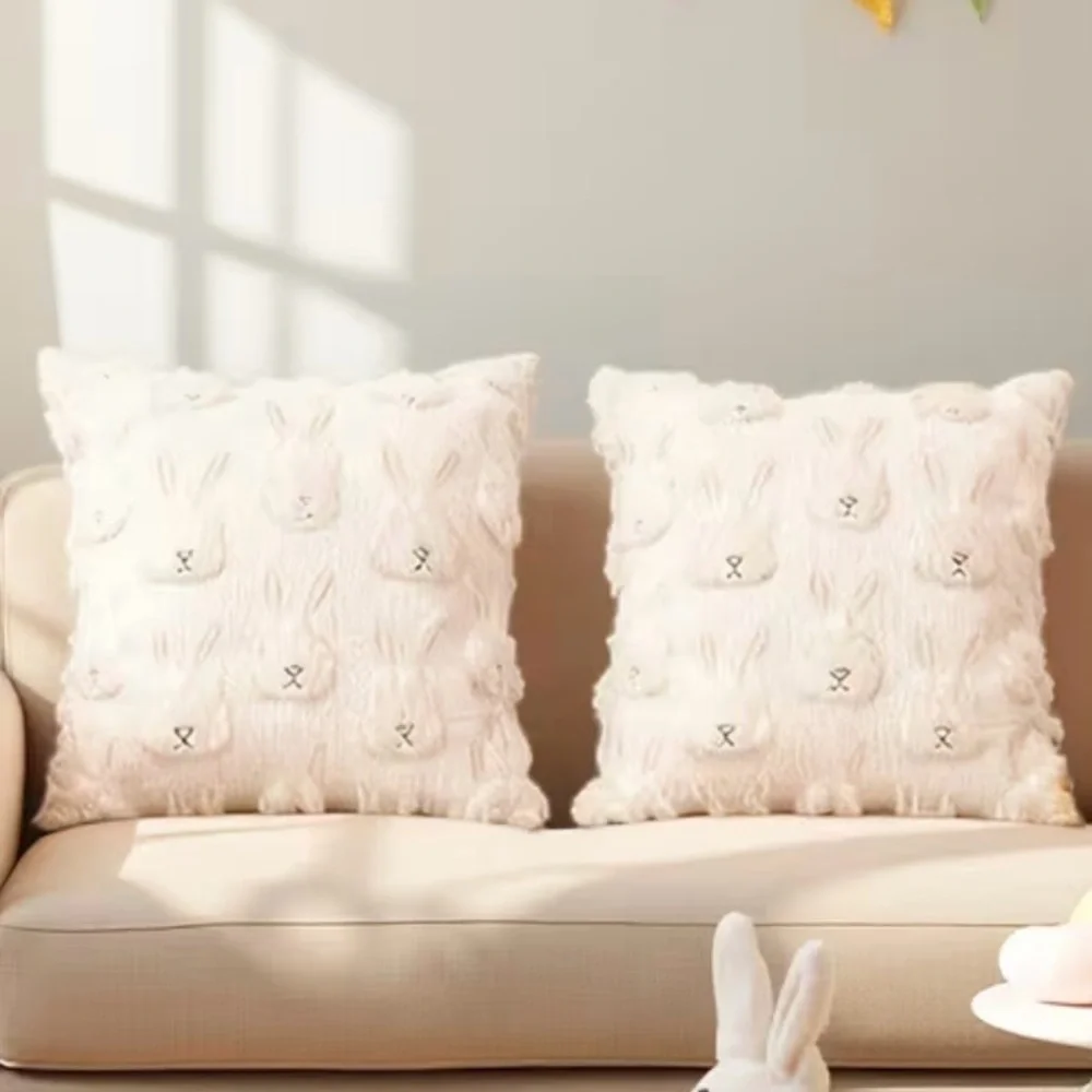 Set of 2 Easter Bunny Pillow Covers 18x18 | Spring Plush Rabbit Decor